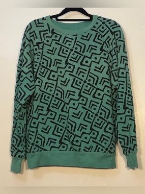 Teal Crewneck Sweater with Black Geometric Print